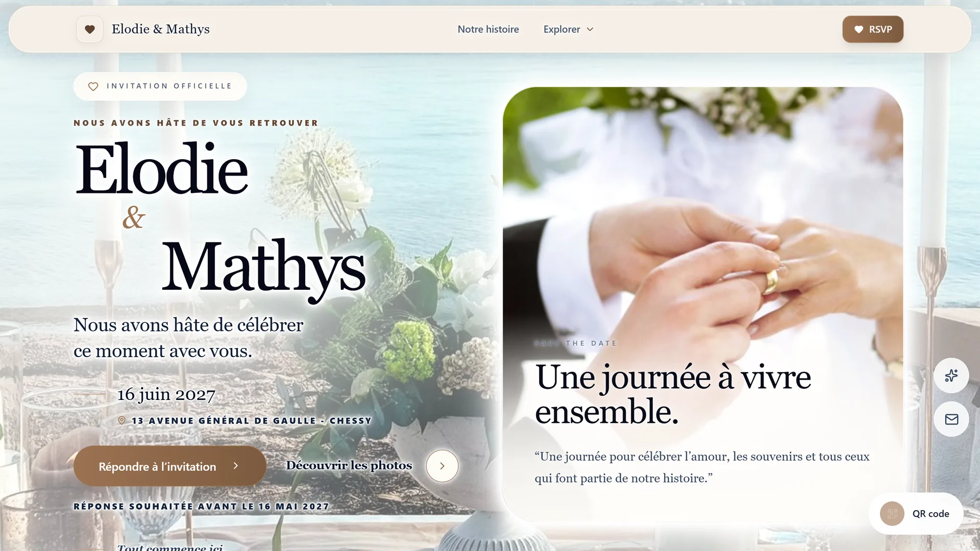 Page d’accueil d’une invitation de mariage créée avec ENJoy Event